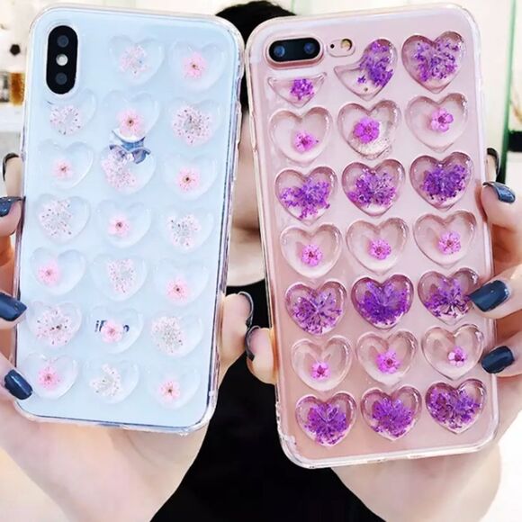 Iphone7/X Genuine real pressed flower epoxy pink purple  flexible 3D case jelly - Picture 1 of 7
